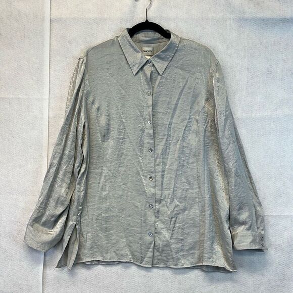 CHICO'S Shirt Women’s Size 3 Silver Shimmer Long Sleeve Button Down Blouse Top X - Picture 1 of 11